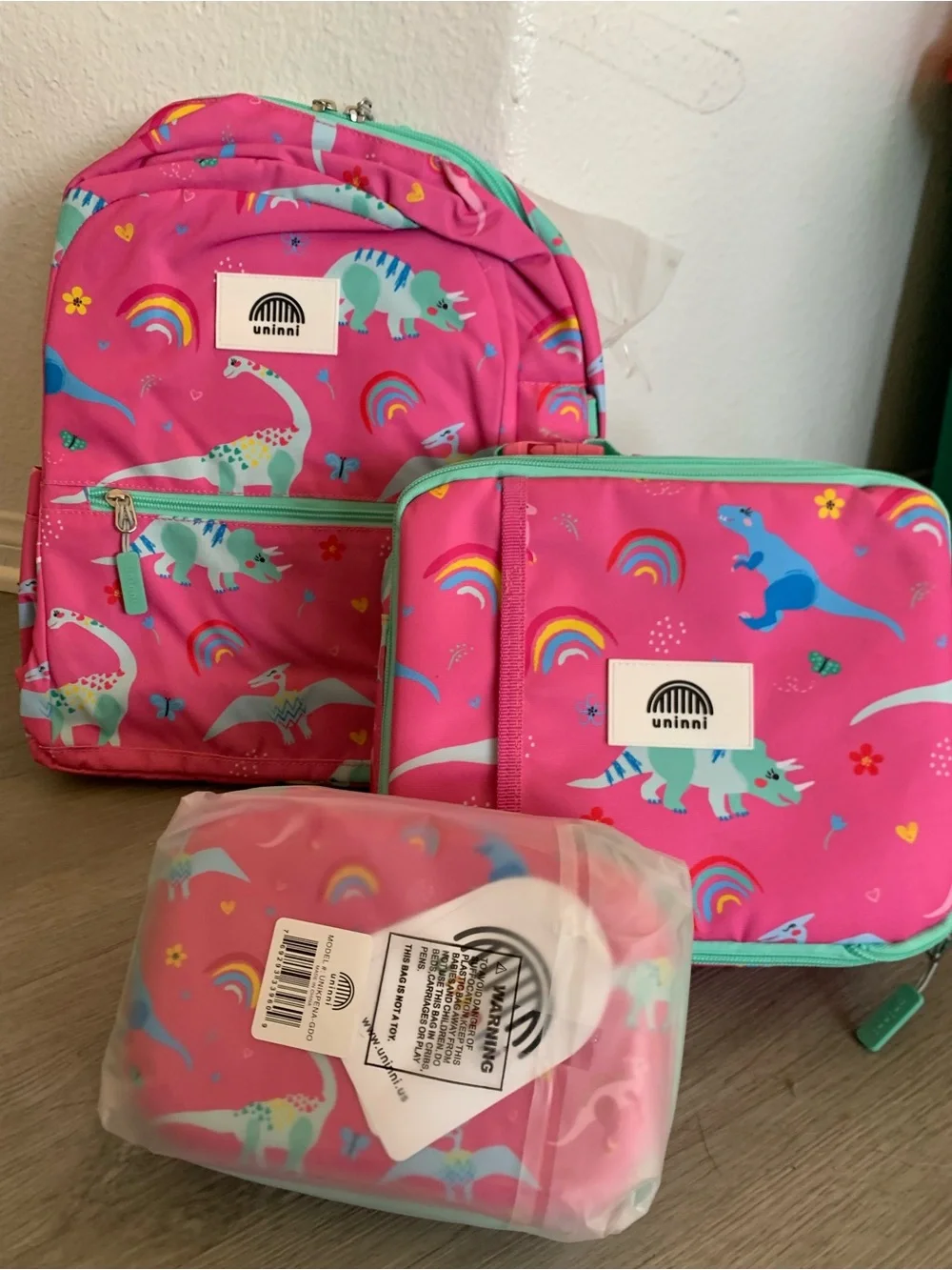 Uninni Kids Pink Dinosaur Backpack and Lunch Bag Set